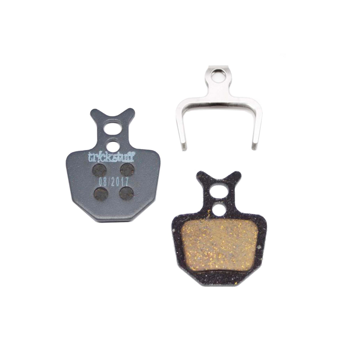 Trickstuff Standard 620 brake pads, showing friction and backing faces with a retaining spring.