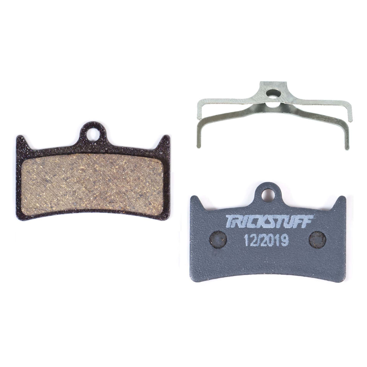Trickstuff Standard 730 brake pads, showing friction and backing faces with a retaining spring.