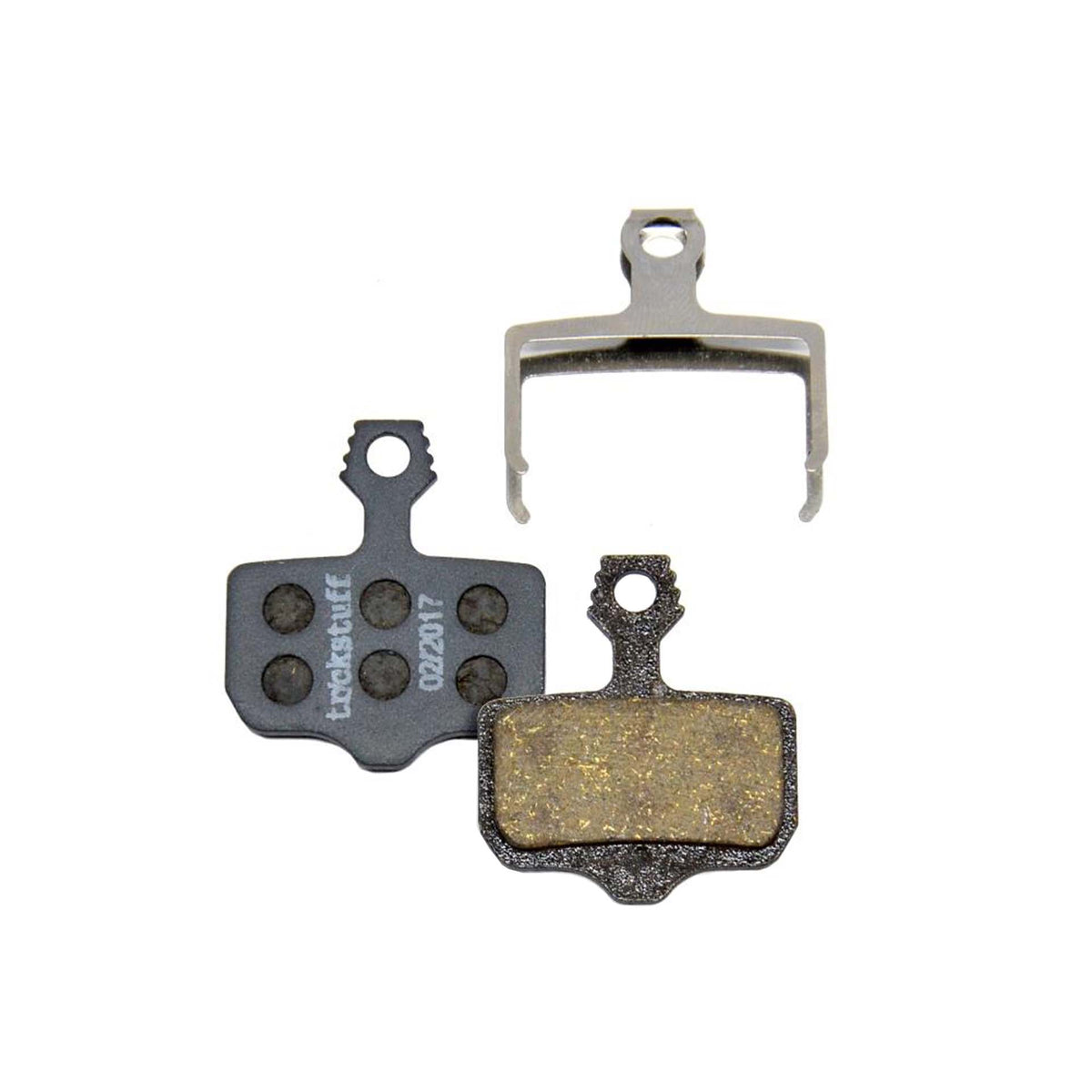 Trickstuff Standard 830 brake pads, showing friction and backing faces with a retaining spring.