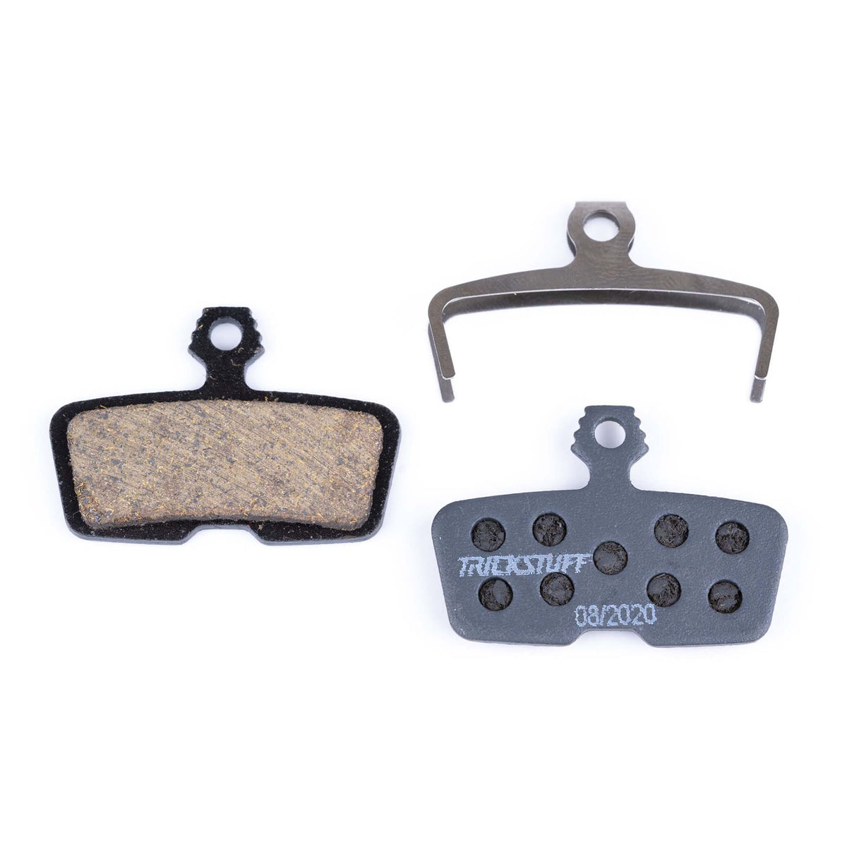 Trickstuff Standard 840 brake pads, showing friction and backing faces with a retaining spring.