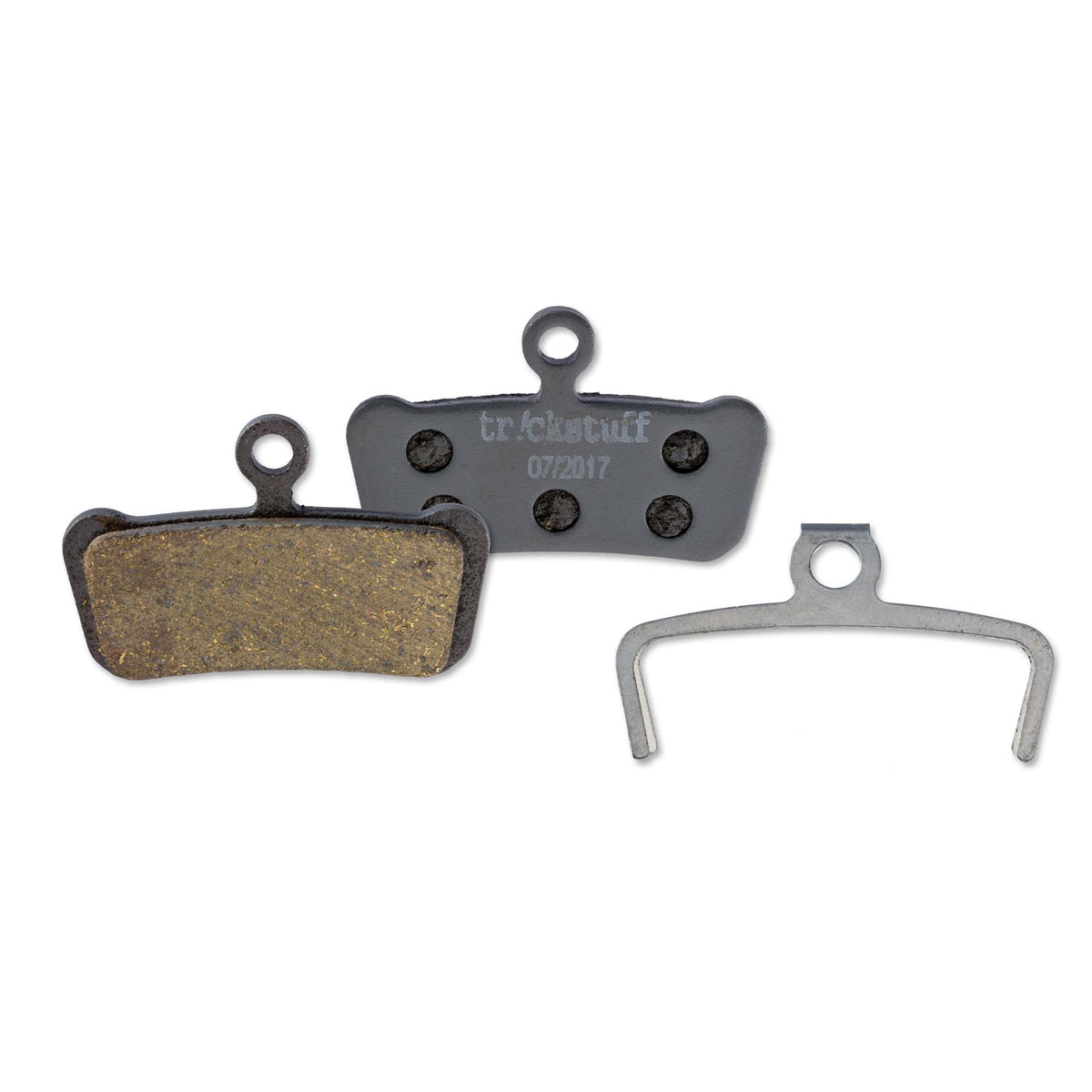 Trickstuff Standard 850 brake pads, showing friction and backing faces with a retaining spring.