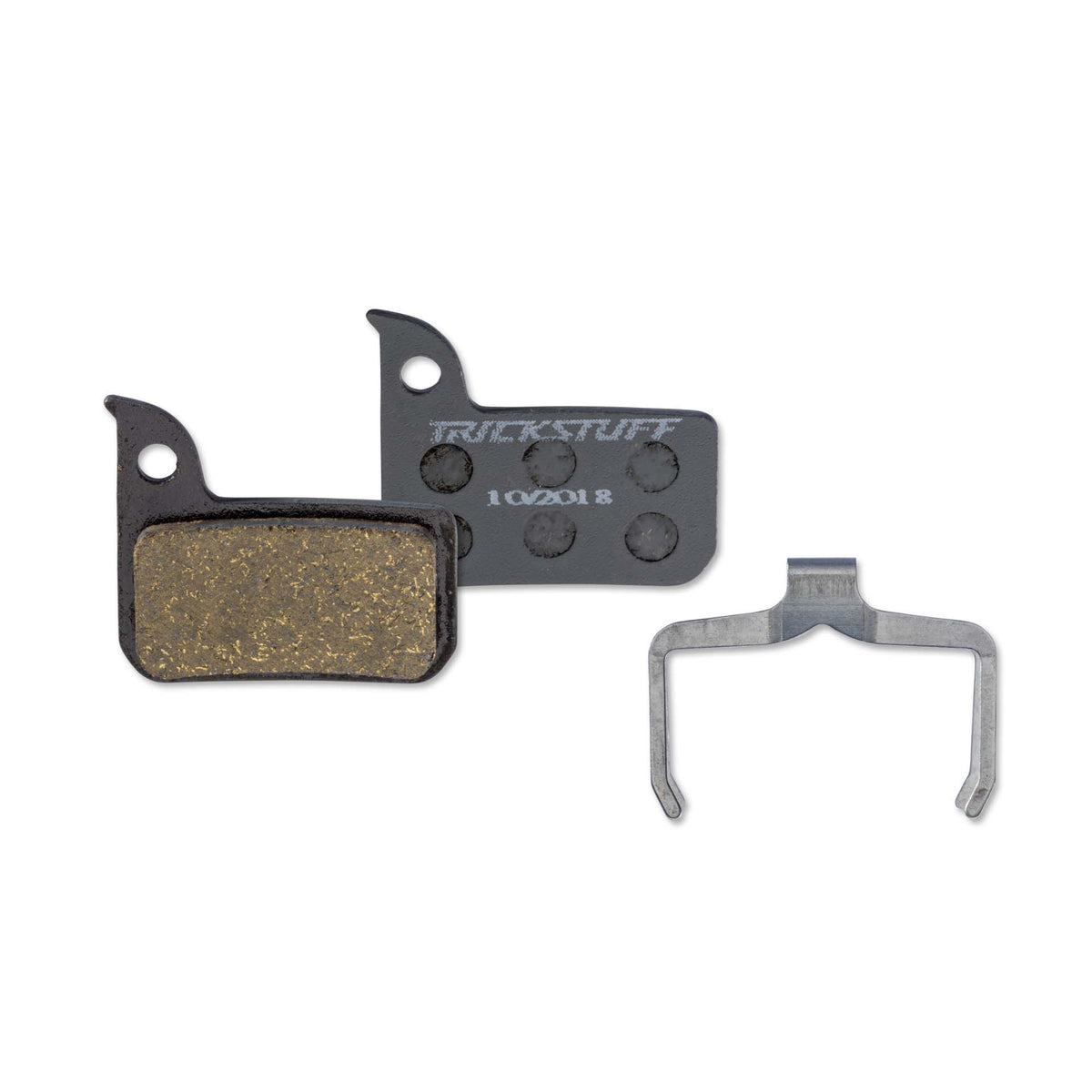 Trickstuff Standard 860 brake pads, showing friction and backing faces with a retaining spring.