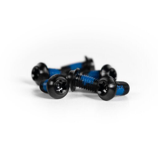 Black Trickstuff titanium disc rotor bolts with blue threadlock, arranged on a white background.