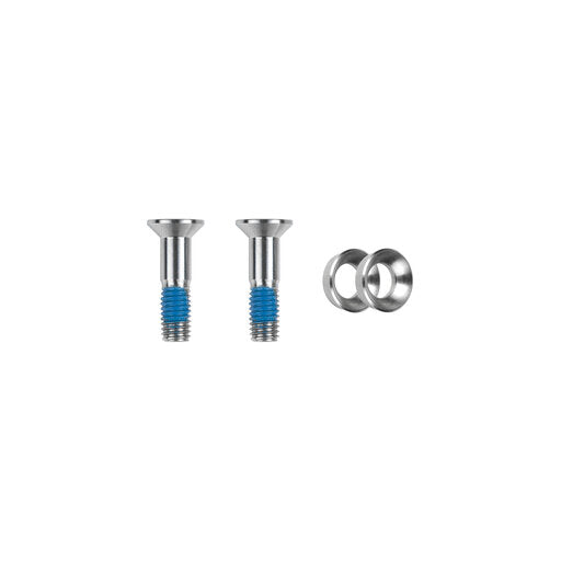 Trickstuff 19.5mm flat-mount caliper bolts with blue threadlock, shown with washers.