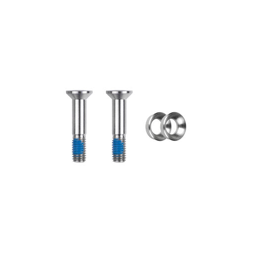 Trickstuff 24.5mm flat-mount caliper bolts with blue threadlock, shown with washers.