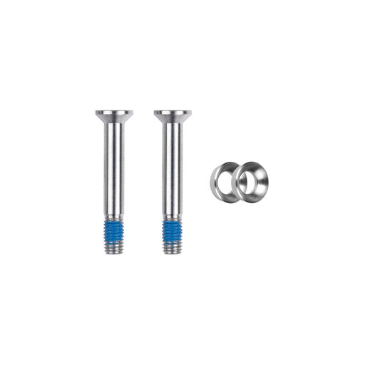 Trickstuff 34.5mm flat-mount caliper bolts with blue threadlock, shown with washers.