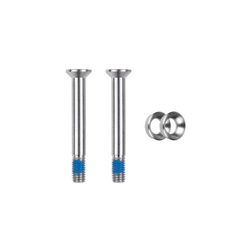 Trickstuff 39.5mm flat-mount caliper bolts with blue threadlock, shown with washers.