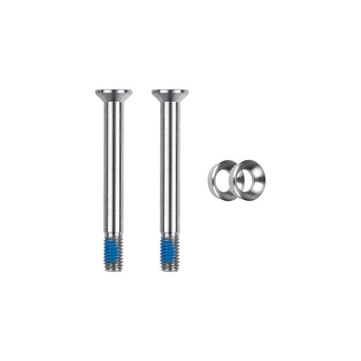 Trickstuff 44.5mm flat-mount caliper bolts with blue threadlock, shown with washers.